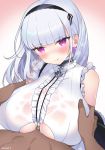  1boy 1girl :q anchor apron azur_lane balck_skirt bangs bare_shoulders black_hairband blunt_bangs blush breast_grab breast_squeeze breasts center_frills collar cum cum_on_body cum_on_breasts cum_on_upper_body dido_(azur_lane) eyebrows_visible_through_hair frilled_shirt frills grabbing gradient gradient_background hairband hetero highres huge_breasts long_hair looking_at_viewer maid melomelo_d paizuri paizuri_under_clothes penis purple_earrings purple_eyes shirt silver_hair sleeveless solo_focus sweat tongue tongue_out underboob underboob_cutout waist_apron white_apron white_shirt 
