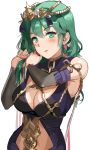  1girl absurdres braid braiding_hair breasts byleth_(fire_emblem) byleth_(fire_emblem)_(female) cleavage cosplay fire_emblem fire_emblem:_three_houses green_eyes green_hair hair_ornament hairdressing highres large_breasts ormille parted_lips ribbon_braid simple_background solo sothis_(fire_emblem) sothis_(fire_emblem)_(cosplay) tiara upper_body white_background 