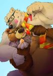  anthro belly brown_body brown_fur cute_fangs daich duo eyewear food fur glasses hi_res kemono male mammal overweight overweight_male polar_bear scarf sushi tongue tongue_out ursid ursine white_body white_fur 