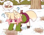  1girl ? all_fours animal_ear_fluff animal_ears bangs black_footwear blonde_hair blush bone boots brown_scarf eyebrows_visible_through_hair fish fox_ears fox_girl fox_tail green_shirt hair_bun hair_ornament hole kemomimi-chan_(naga_u) long_hair long_sleeves naga_u original pleated_skirt purple_skirt red_eyes ribbon-trimmed_legwear ribbon_trim scarf shirt skirt sleeves_past_fingers sleeves_past_wrists snow solo sparkle tail thighhighs thighhighs_under_boots tree white_legwear 