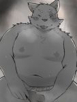  2020 anthro belly blush bodily_fluids bulge clothing drooling felid feline humanoid_hands kemono male mammal menmen_kesinn moobs navel nipples one_eye_closed overweight overweight_male saliva solo tongue tongue_out underwear wink 