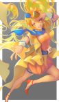  1girl ;d bangs blonde_hair blue_headwear blue_neckwear breasts cleavage cure_etoile dress earrings grey_background hair_between_eyes hat high_heels hugtto!_precure jewelry jj_(ssspulse) long_hair looking_at_viewer medium_breasts mini_hat one_eye_closed open_mouth orange_dress orange_footwear outstretched_arm precure pumps shiny shiny_hair short_dress sleeveless sleeveless_dress smile solo star star_earrings strapless strapless_dress swept_bangs two-tone_background very_long_hair white_background wrist_cuffs 