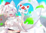  1girl animal_ears bangs detached_sleeves fang hair_between_eyes hat highres holding holding_mask inubashiri_momiji kureyon1206 leaf long_tail maple_leaf mask midriff navel open_mouth pom_pom_(clothes) red_eyes short_hair smile solo summer tail tokin_hat touhou water waterfall white_hair wide_sleeves wolf_ears wolf_girl wolf_mask wolf_tail 