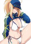  1girl ahoge artoria_pendragon_(all) bangs baseball_cap bikini blonde_hair blue_eyes blue_headwear blue_jacket blush breasts cleavage cropped_jacket fate/grand_order fate_(series) hair_between_eyes hair_ribbon hair_through_headwear hat highres jacket kawabata_yoshiro large_breasts long_hair looking_at_viewer mysterious_heroine_xx_(foreigner) navel open_mouth ponytail ribbon shrug_(clothing) sidelocks simple_background smile solo swimsuit thighs white_background white_bikini wristband zipper_pull_tab 