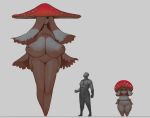  1boy 1girl absurdres black_eyes breasts character_sheet closed_eyes forastero frown grey_background hair_over_one_eye highres large_breasts long_hair muscle mushroom mushroom_girl original shaded_face short_hair simple_background sketch smile standing thick_thighs thighs 