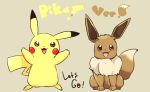  :d all_fours arms_up blush_stickers brown_eyes copyright_name creature eevee english_text full_body gen_1_pokemon happy mizuto_(o96ap) no_humans open_mouth pikachu pokemon pokemon_(creature) pokemon_(game) pokemon_lgpe simple_background smile standing 