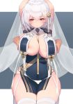  1girl arms_up azur_lane bangs between_breasts blush braid breast_curtains breast_grab breasts ce-_-3 china_dress chinese_clothes commentary dress eyebrows_visible_through_hair flower french_braid garter_straps grabbing grabbing_from_behind hair_between_eyes hair_flower hair_ornament highres lactation large_breasts legs_together looking_down neckwear_between_breasts outside_border pelvic_curtain red_eyes revealing_clothes revision see-through_sleeves short_hair side_braid sirius_(azur_lane) sirius_(azure_horizons)_(azur_lane) solo_focus strap_between_breasts thighhighs thighs triangle_mouth white_hair white_legwear wide_hips 