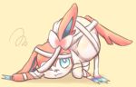  blue_eyes commentary_request creature full_body gen_6_pokemon mizuto_(o96ap) no_humans one_eye_closed pokemon pokemon_(creature) ribbon simple_background solo squiggle sylveon yellow_background 