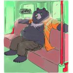  1:1 2018 absurd_res anthro belly bottomwear burrnie clothed clothing detailed_background hi_res male mammal moobs navel nipples open_shirt overweight overweight_male pants shirt sitting solo text topwear ursid 