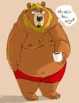  2019 anthro belly bottomwear brown_body brown_fur burrnie clothing english_text eyes_closed eyewear fur glasses hi_res male mammal moobs navel nipples overweight overweight_male shorts solo text ursid 