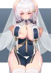  1girl arms_up azur_lane bangs between_breasts blush braid breast_curtains breast_grab breasts ce-_-3 china_dress chinese_clothes commentary_request dress eyebrows_visible_through_hair flower french_braid garter_straps grabbing grabbing_from_behind hair_between_eyes hair_flower hair_ornament highres lactation large_breasts legs_together looking_down neckwear_between_breasts outside_border pelvic_curtain red_eyes revealing_clothes revision see-through_sleeves short_hair side_braid sirius_(azur_lane) sirius_(azure_horizons)_(azur_lane) solo_focus strap_between_breasts thighhighs thighs triangle_mouth white_hair white_legwear wide_hips 