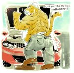  2018 anthro belly bottomwear burrnie butt car cigarette clothing english_text felid humanoid_hands male mammal overweight overweight_male pantherine pants smoke smoking solo text tiger vehicle 