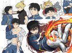  alphonse_elric amestris_military_uniform anger_vein armor biting black_hair black_legwear blonde_hair blood blood_on_face character_sheet cheek_pull cracked_wall edward_elric fire fullmetal_alchemist gloves highres injury kabedon military military_uniform miniskirt riza_hawkeye roy_mustang skirt thighhighs thought_bubble torn_clothes uniform uuruung white_gloves zettai_ryouiki 