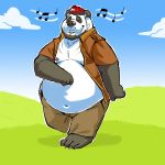  1:1 2019 anthro belly black_body black_fur bottomwear burrnie clothed clothing eyes_closed fur giant_panda hi_res male mammal moobs navel nipples open_shirt outside overweight overweight_male pants shirt solo topwear ursid white_body white_fur 