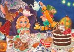  1boy 1girl ^_^ alice_(wonderland) alice_in_wonderland aqua_neckwear blonde_hair blue_eyes blush bow bowtie cake candle card cat chair cheshire_cat chihiro_howe child clock closed_eyes colored_pencil_(medium) commentary cup dormouse doughnut english_commentary fire flame food green_eyes green_hair grin hat holding holding_cup holding_teapot looking_up mad_hatter march_hare marker_(medium) medium_hair millipen_(medium) mouse number party plate playing_card red_hair sitting sleeping smile spoon table tea teacup teapot top_hat traditional_media yellow_eyes 