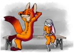  canid canine crossed_leg disney female fox frustrated handcuffed handcuffs judy_hopps lagomorph leporid male mammal nick_wilde pan-kiki prison prison_jumpsuit prison_uniform prisoner rabbit shackles zootopia 