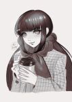  1girl alternate_costume artist_name bangs bow bowtie commentary cropped_torso cup danganronpa_(series) danganronpa_v3:_killing_harmony english_commentary eyebrows_visible_through_hair grey_background greyscale hair_ornament hair_scrunchie hairclip harukawa_maki highres holding holding_cup huge_bow jacket long_hair long_sleeves looking_at_viewer low_twintails missarilicious mole mole_under_eye monochrome open_clothes open_jacket plaid plaid_jacket scrunchie shiny shiny_hair smile solo twintails 
