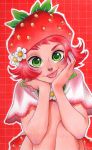  1girl chihiro_howe commentary_request food freckles fruit green_eyes highres looking_at_viewer marker_(medium) original red_background red_hair red_headwear red_theme short_hair sitting solo strawberry traditional_media upper_body 