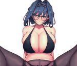  1girl bangs bespectacled black_bra black_legwear black_panties blue_eyes blue_hair blush bra breasts chain collarbone commentary english_commentary frown garter_straps glasses hair_intakes head_chain highres hololive hololive_english huge_breasts looking_away looking_to_the_side navel ouro_kronii panties panties_under_pantyhose pantyhose short_hair simple_background solo spread_legs tentopus underwear virtual_youtuber white_background 