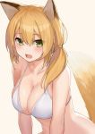  1girl animal_ears bare_shoulders bikini blonde_hair blush breasts cccpo cleavage collarbone commentary_request fang fox_ears fox_girl fox_tail green_eyes hair_between_eyes hair_over_shoulder halter_top halterneck highres large_breasts long_hair looking_at_viewer open_mouth original ponytail simple_background skindentation solo swimsuit tail tail_raised upper_body white_background white_bikini 