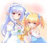  2girls :d ahoge bangs bare_shoulders blonde_hair blue_dress blue_hair blue_ribbon blush breasts cleavage closed_mouth collarbone commentary_request dress eyebrows_visible_through_hair flower hair_ornament hair_ribbon holding holding_instrument instrument iris_mysteria! jewelry lily_(iris_mysteria!) long_hair long_sleeves medium_breasts multiple_girls off-shoulder_dress off_shoulder open_mouth pendant pink_flower pink_rose pointy_ears purple_eyes red_eyes ribbon rose smile trumpet twintails very_long_hair white_dress white_flower wide_sleeves yuu_(iris_mysteria!) yuu_(yumezakura) 