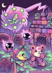  arch bag brick_wall fog frown gastly grass grave graveyard kotora_(pokemon) moon neckerchief paleona plant pokemon satchel spiritomb star_(sky) teddiursa tongue tongue_out turtwig vines 