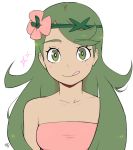  1girl 2017 alternate_hairstyle asymmetrical_bangs bangs bare_shoulders blush breasts collarbone commentary english_commentary eyelashes flower green_eyes green_hair hair_flower hair_ornament long_hair looking_at_viewer mao_(pokemon) milka_(milk4ppl) pokemon pokemon_(game) pokemon_sm signature simple_background small_breasts solo trial_captain upper_body white_background 