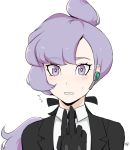  1girl 2018 bangs black_gloves black_neckwear black_suit blush commentary earpiece embarrassed english_commentary eyelashes face gloves highres lila_(pokemon) long_hair looking_at_viewer milka_(milk4ppl) necktie pokemon pokemon_(game) pokemon_sm ponytail purple_eyes purple_hair signature simple_background solo sweat white_background 