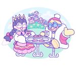  1boy 5girls bandana_waddle_dee black_hair blush bow braid bush chair closed_eyes commentary crown cup eavesdropping english_commentary fairy fairy_wings glasses hair_bow hat kcdoos king_dedede kirby_(series) kirby_64 long_hair multiple_girls open_mouth pastry plate red_bow ribbon_(kirby) ripple_star_queen robe sitting smile sweatdrop table tea tea_party twin_braids waddle_dee wings 