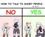  2girls abineko ak-15_(girls_frontline) anger_vein angry bending chart english_text girls_frontline hair_ornament hairclip height_difference hexagram highres how_to_talk_to_short_people long_hair multiple_girls negev_(girls_frontline) one_eye_covered pink_hair silver_hair smug star_of_david 