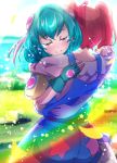  2girls aqua_hair blue_gloves closed_eyes closed_mouth commentary_request eyebrows_visible_through_hair fingerless_gloves gloves hagoromo_lala highres hoshina_hikaru hug multicolored_hair multiple_girls pink_hair precure precure_cure_moonlight red_hair short_hair smile star star_twinkle_precure streaked_hair tears twintails 
