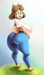  anthro belt big_breasts big_butt blue_eyes bottomwear breasts butt canid canine canis clothing domestic_dog female hi_res jeans june_(jinu) lickagoat looking_at_viewer looking_back mammal mom_jeans pants shirt side_boob simple_background solo thick_thighs tight_clothing topwear white_background 