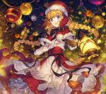  1girl :d black_gloves blonde_hair braid building capelet christmas christmas_ornaments christmas_tree commentary_request corset dress fur-trimmed_capelet fur-trimmed_hat fur_trim gloves holding_lantern lantern layered_dress long_hair long_sleeves looking_at_viewer night night_sky open_mouth original outdoors petticoat pom_pom_(clothes) purple_eyes red_headwear santa_costume signature sky smile soriya tassel twin_braids very_long_hair white_dress 