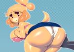  animal_crossing anthro big_butt blue_background blush bottomwear bra breasts butt butt_grab canid canine canis clothing disembodied_hand domestic_dog female hand_on_butt hi_res huge_butt isabelle_(animal_crossing) looking_at_viewer looking_back mammal nintendo panties shih_tzu side_boob simple_background skirt solo sqoon toy_dog underwear video_games 