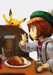  1girl brown_eyes brown_hair eating food green_headwear grey_cardigan hankuri hat pikachu pokemon pokemon_(game) pokemon_swsh short_hair yuuri_(pokemon) 