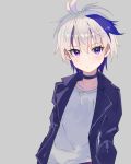  1girl androgynous collar collarbone commentary expressionless flower_(vocaloid) grey_background grey_shirt highres jacket light_blush looking_at_viewer multicolored_hair note55885 purple_eyes purple_hair purple_jacket shirt short_hair simple_background solo standing streaked_hair upper_body v_flower_(vocaloid4) vocaloid white_hair 