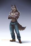  biceps blazingifrit boots bottomwear canid canine canis clock clothed clothing crossed_arms footwear full-length_portrait hi_res jeans looking_at_viewer male mammal muscular muscular_male navel pants portrait solo text topless triceps url watch wolf wristwatch 