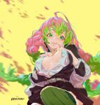  1girl ahoge artist_name belt belt_buckle black_jacket black_skirt blush braid breasts buckle commentary_request damiaoermiao finger_to_mouth from_below gradient_hair green_eyes green_hair green_legwear green_nails hand_on_own_chest highres jacket kanroji_mitsuri kimetsu_no_yaiba large_breasts long_hair long_sleeves looking_at_viewer looking_down miniskirt mole mole_under_eye motion_blur multicolored_hair nail_polish no_bra open_clothes open_jacket open_shirt parted_lips pink_hair pleated_skirt shirt simple_background skirt smile solo striped striped_legwear thighhighs twin_braids two-tone_hair vertical-striped_legwear vertical_stripes very_long_hair white_shirt yellow_background 