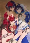  2girls ahoge alset bare_shoulders black_hair black_ribbon blue_eyes blue_hair blue_ribbon china_dress chinese_clothes commentary_request dress flower from_above hair_flower hair_ornament halterneck highres honkai_(series) honkai_impact_3rd looking_at_viewer lying multicolored multicolored_clothes multicolored_dress multicolored_hair multiple_girls on_back on_floor red_eyes red_flower red_hair red_ribbon ribbon seele_vollerei skindentation smile thigh_strap two-tone_hair veliona white_flower 