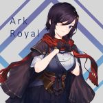  1girl absurdres alternate_costume ark_royal_(azur_lane) ark_royal_(new_year&#039;s_protectress)_(azur_lane) azur_lane black_hair blue_eyes breasts character_name eyebrows_visible_through_hair gloves heart heart_hands highres japanese_clothes large_breasts one_eye_closed scarf shinidei short_hair solo 