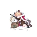  1girl assault_rifle bangs bell blonde_hair blush boots box braid brown_gloves christmas cloak closed_eyes closed_mouth eyebrows_visible_through_hair full_body fur fur_trim g36_(girls_frontline) girls_frontline glasses gloves gun hair_bell hair_between_eyes hair_ornament holding hood hood_down medium_hair merry_christmas official_art rifle shuzi sitting sleeping sleeveless smile snow solo transparent_background weapon younger 