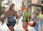  2020 advertisement angry anthro bulge canid canine clothed clothing disney distracted_boyfriend equid equine female fox group horse judy_hopps lagomorph laser_(artist) leporid long_ears male mammal meme muscular nick_wilde nipples pecs rabbit shirt smile tank_top topwear zootopia 