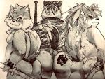  2020 4:3 anthro asian_clothing belly blush butt canid canine canis clothing domestic_dog east_asian_clothing eggrion1234 fundoshi group japanese_clothing kemono male mammal melee_weapon moobs moritaka scar shino_(housamo) shirt slightly_chubby sword tokyo_afterschool_summoners topwear underwear video_games weapon yasuyori 