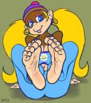  2020 anthro blonde_hair breasts clothed clothing donkey_kong_(series) ear_piercing feet female foot_focus fur hair haplorhine hat headgear headwear kong long_hair mammal monkey nintendo piercing primate sketch soles solo tiny_kong toes video_games zp92 