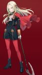  1girl axe bangs black_footwear black_jacket black_shorts blonde_hair boots cape closed_mouth commentary_request edelgard_von_hresvelg fire_emblem fire_emblem:_three_houses forehead full_body gloves hair_ribbon high_heel_boots high_heels highres holding holding_axe hyuuga_azuri jacket juliet_sleeves long_hair long_sleeves looking_at_viewer pantyhose parted_bangs puffy_sleeves purple_eyes purple_ribbon red_background red_cape red_legwear ribbon shorts simple_background sleeves_past_wrists solo v-shaped_eyebrows very_long_hair white_gloves 