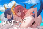  2girls all_fours ass blue_eyes blue_hair bow breasts cameltoe closed_eyes cloud dako6995 dizzy fingering guilty_gear hair_bow high_school_dxd highres lips long_hair multiple_girls nude pillow pussy_juice rias_gremory sky smile tail topless wings yellow_bow yuri 