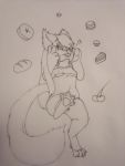  anthro bottomless bread breasts cake canid canine canis cherry clothed clothing doughnut female food fruit hi_res mammal mrnatmax muffin paws plant solo spread_legs spreading topwear traditional_media_(artwork) wolf 