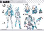  1girl android aqua_hair arms_at_sides blue_eyes bright_pupils cable character_sheet english_text expressionless eyebrows_visible_through_hair flat_chest gradient_hair headgear highres looking_at_viewer multicolored_hair multiple_views navel original parts_exposed robot_ears robot_joints sawawse science_fiction smile white_hair white_pupils 