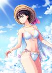  1girl bikini blue_sky breasts brown_eyes brown_hair cape cleavage cloud commentary_request cosplay cowboy_shot day hat highres kanzuki_karin kanzuki_karin_(cosplay) kasugano_sakura looking_away looking_back medium_breasts outdoors saruin short_hair sky smile solo street_fighter street_fighter_v sun sun_hat swimsuit water white_bikini white_cape 