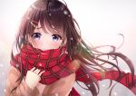 1girl absurdres bangs blush brown_hair brown_jacket commentary_request copyright_request eyebrows_visible_through_hair hair_ornament hairclip highres jacket lebring long_hair messy_hair purple_eyes red_scarf scarf sleeves_past_wrists solo striped striped_sweater sweater tears uniform 